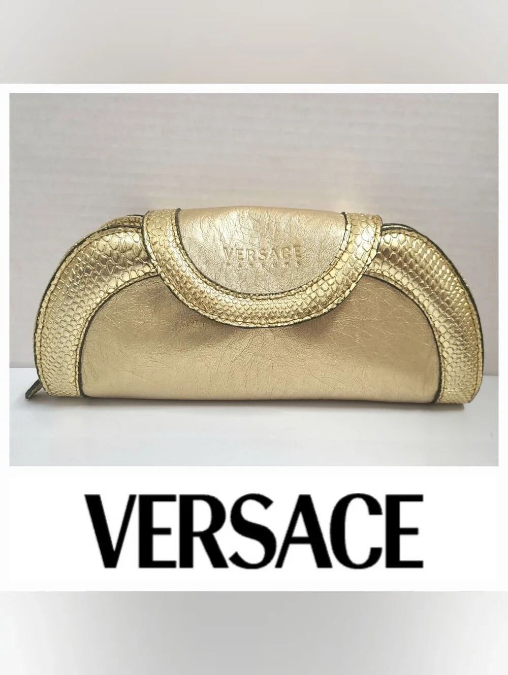 Vtg Versace Y2K Cosmetic Pouch Clutch Bag Gold Metallic Embossed Snakeskin Trim